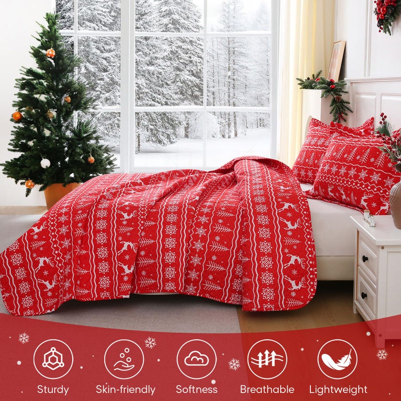 JSD Christmas Quilt Set Twin Size, 2 Piece Red Snowflakes Reindeer Tree Printed Bedspreads Coverlet with Pillow Sham - Image 3